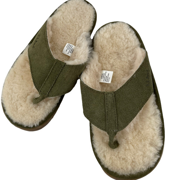 L.L. Bean Shoes Ll Bean Olive Green Suede With Faux Fur Flip Flop